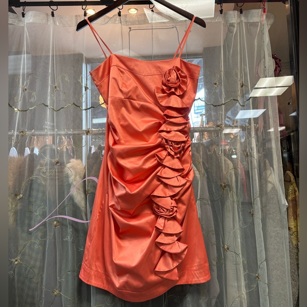vintage y2k coral satin floral rosette ruched mini dress